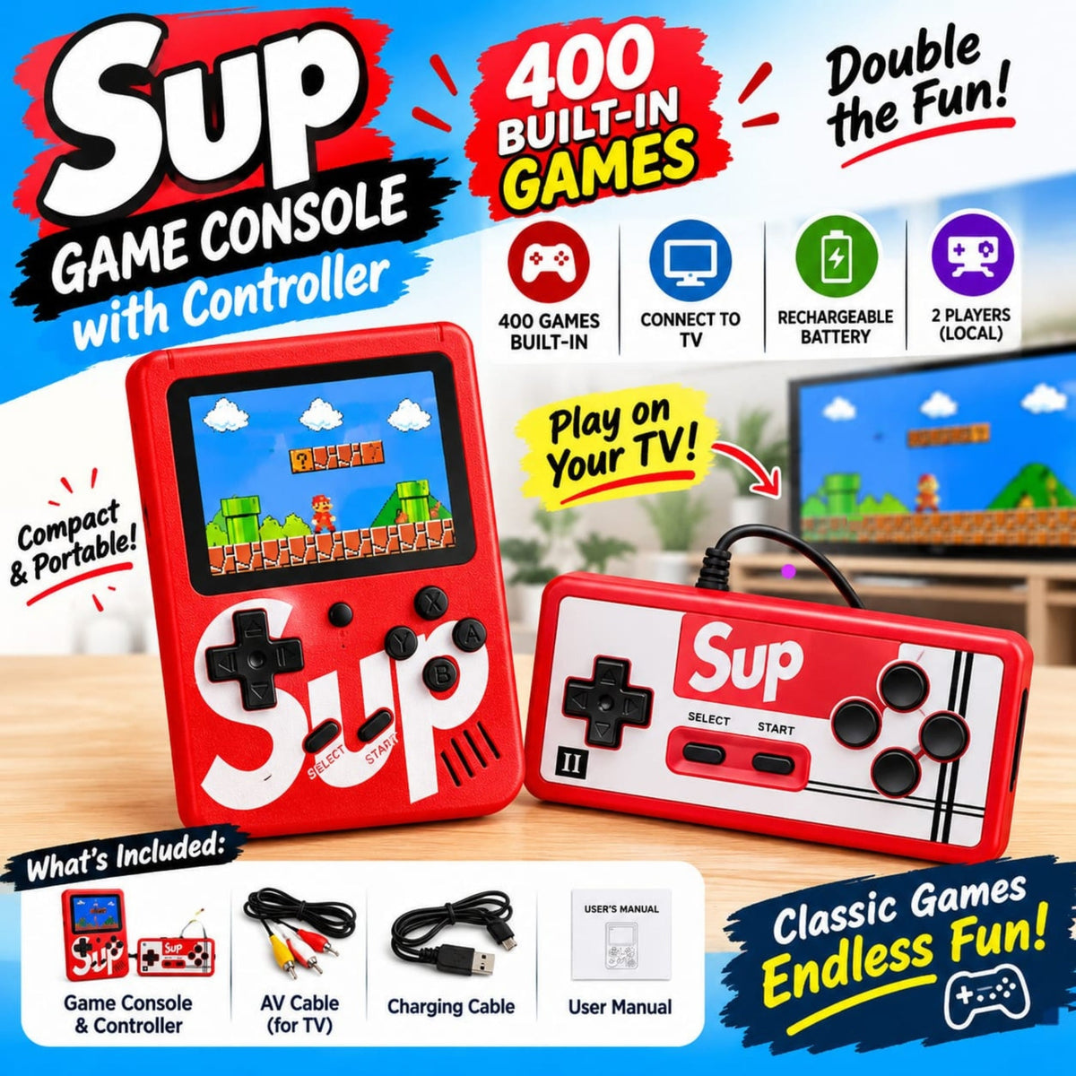 SUP Game Console with Controller – 400-in-1 Retro Gaming System – Portable Handheld Design