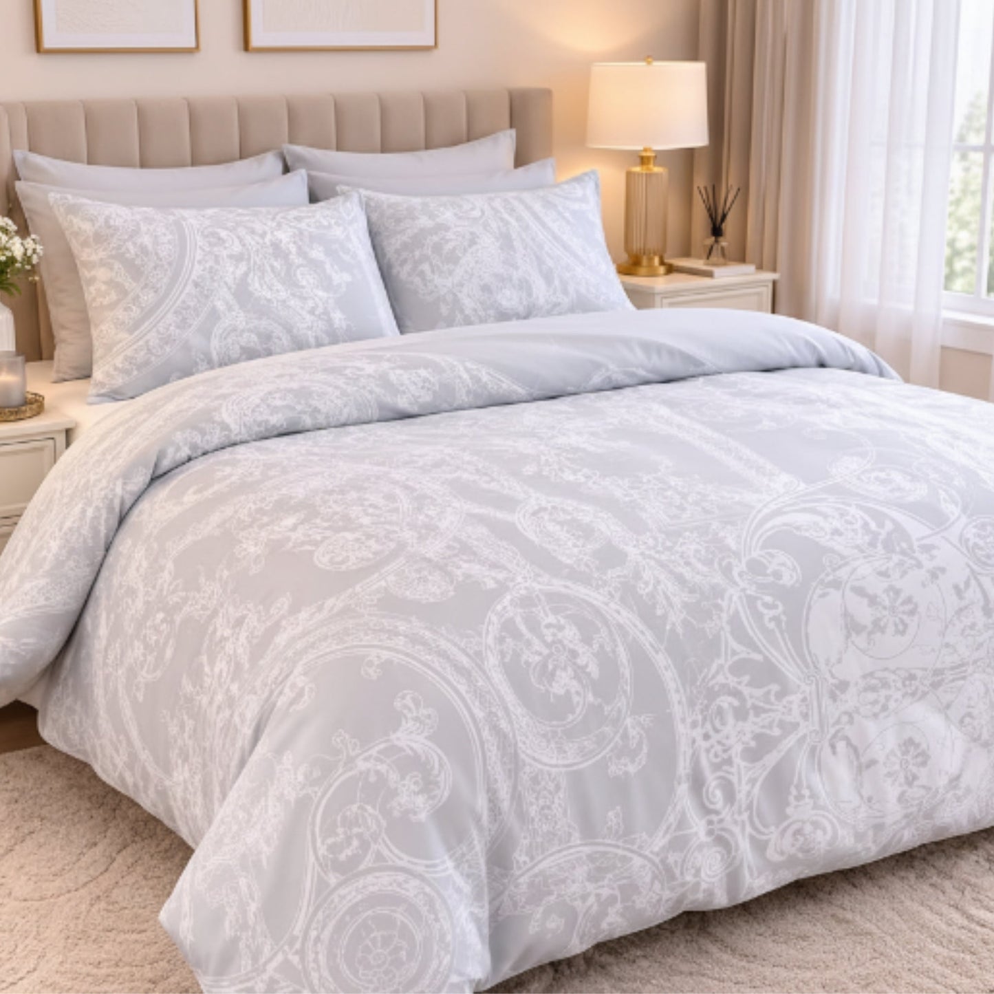 Super King Duvet Cover Set - 100% Cotton - Grey Damask
