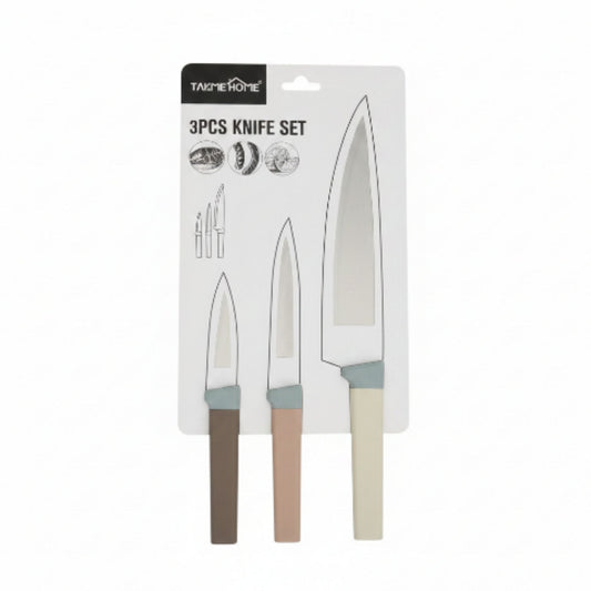 3-Piece Takmehome Stainless Steel Kitchen Knife Set with Matte Silicone Handles On White Background