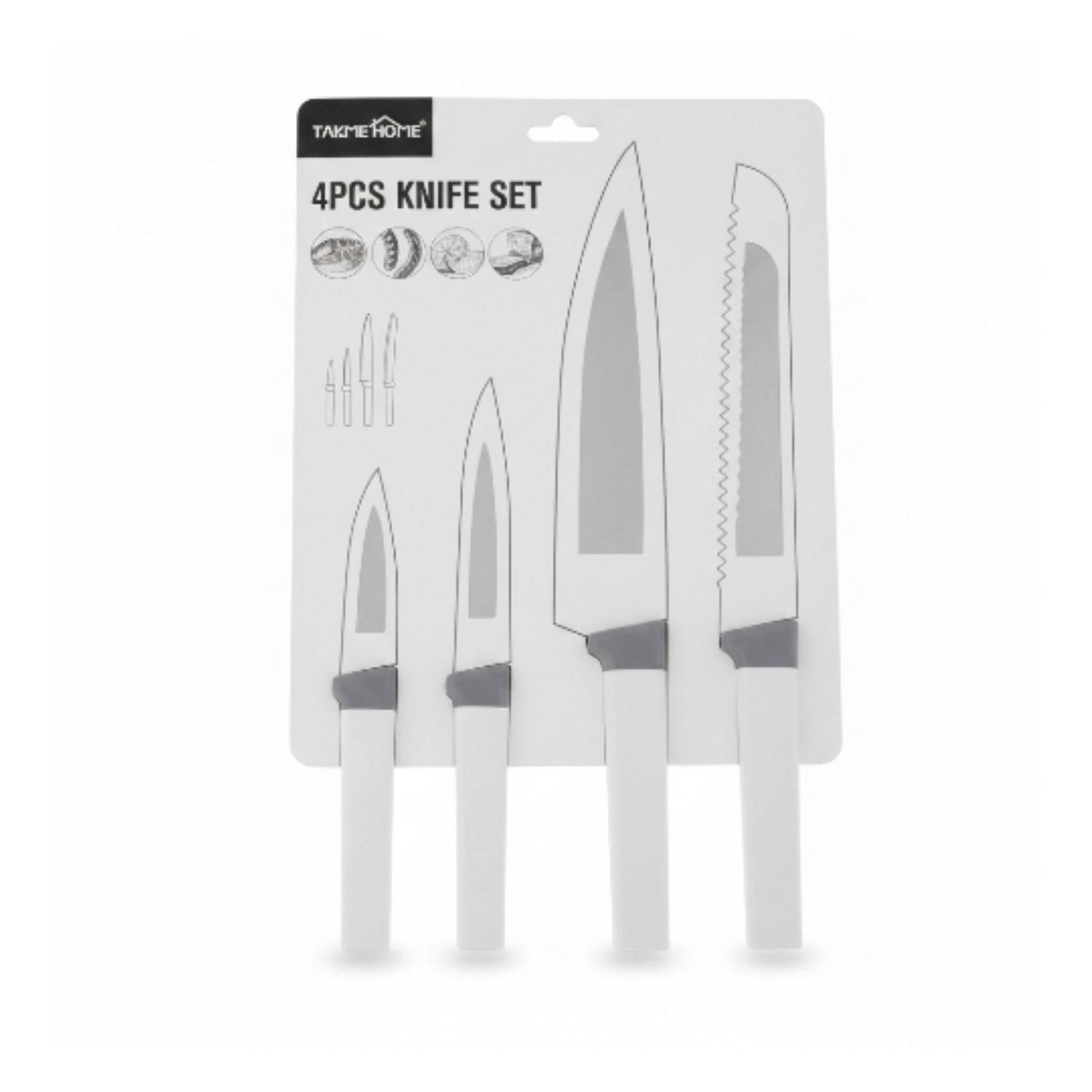 4-Piece Takmehome Stainless Steel Kitchen Knife Set with Matte Silicone Handles On White Background
