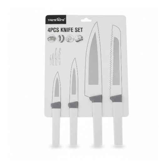 4-Piece Takmehome Stainless Steel Kitchen Knife Set with Matte Silicone Handles On White Background
