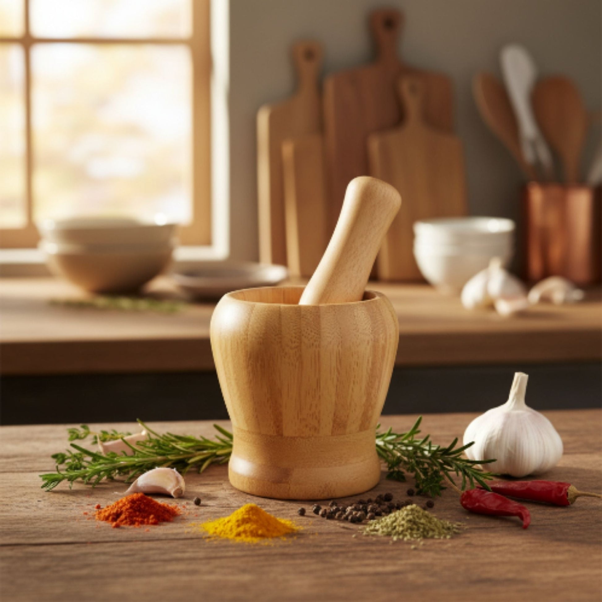 Takmehome Bamboo Mortar and Pestle Set – Natural Herb, Spice & Garlic Grinder