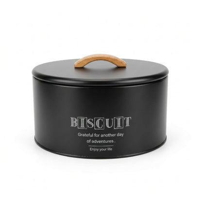 Takmehome Round Metal Biscuit Tin With Wooden Handle - Black
