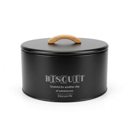 Takmehome Round Metal Biscuit Tin With Wooden Handle - Black