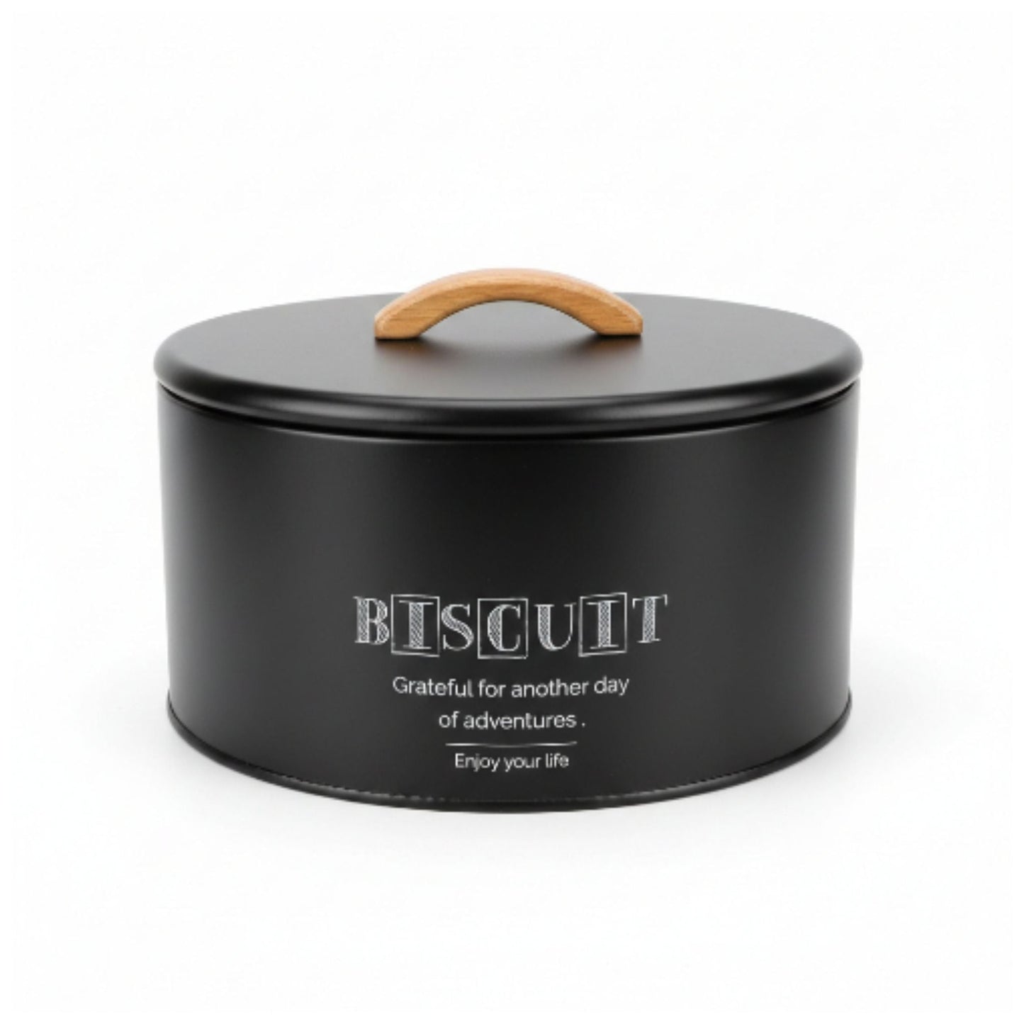 Takmehome Round Metal Biscuit Tin With Wooden Handle - Black