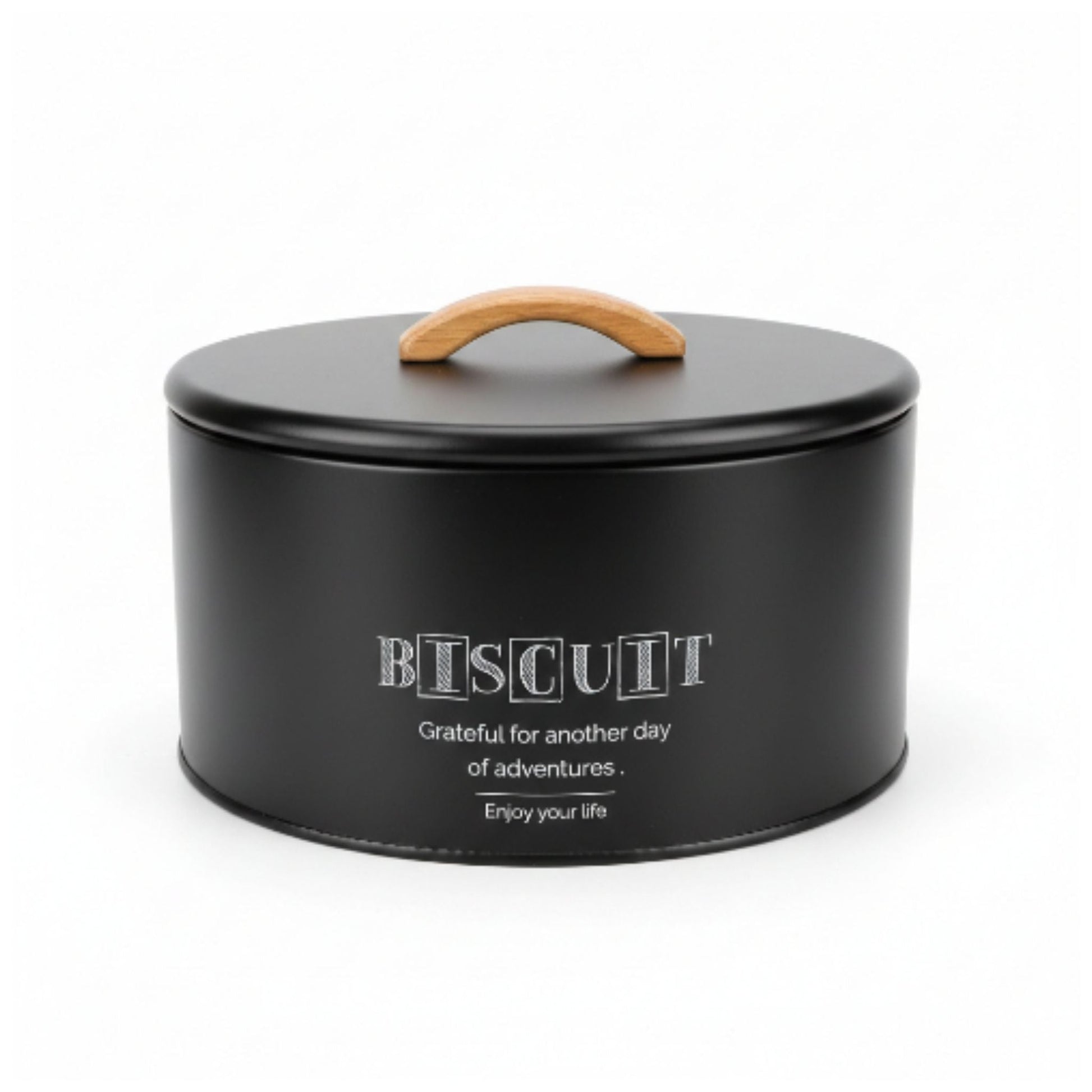 Takmehome Round Metal Biscuit Tin With Wooden Handle - Black