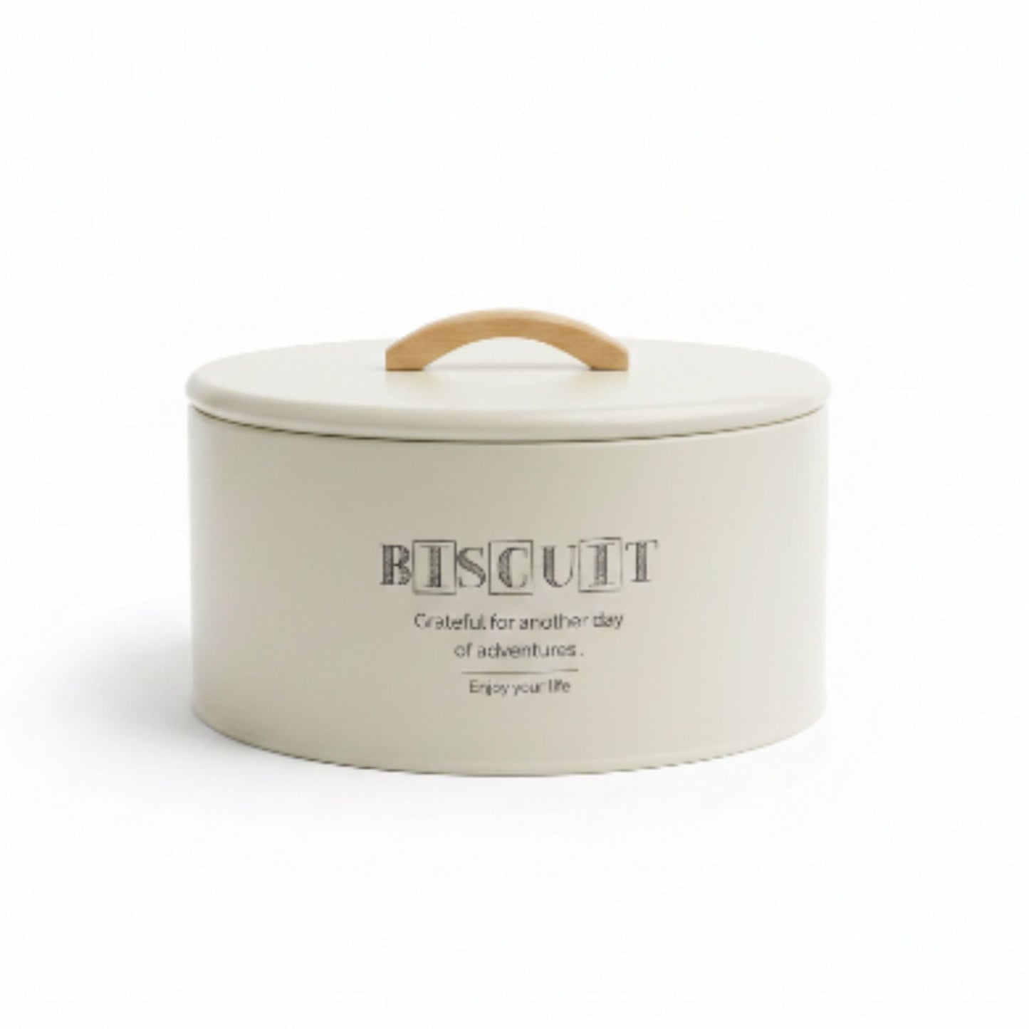 Takmehome Round Metal Biscuit Tin With Wooden Handle - Cream