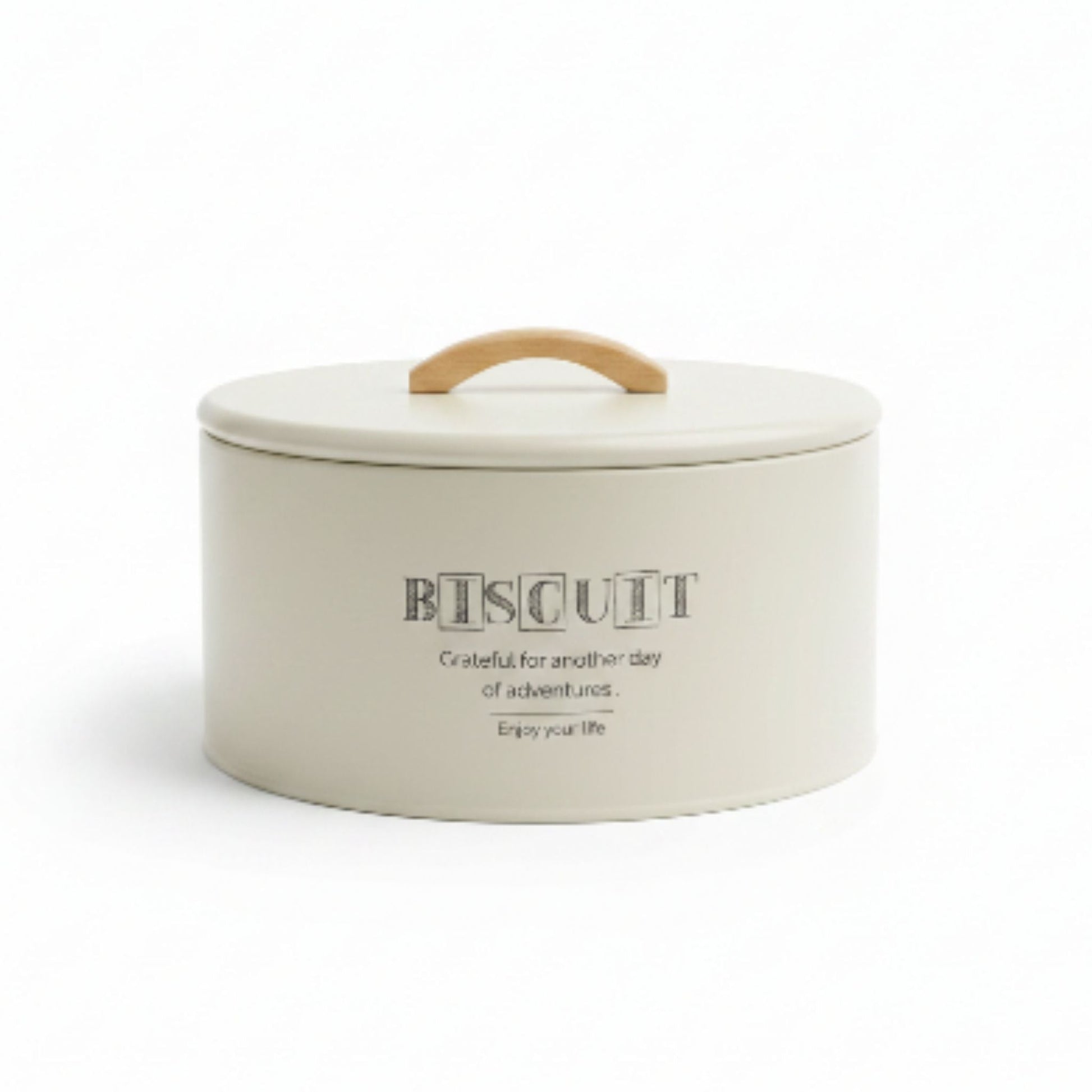 Takmehome Round Metal Biscuit Tin With Wooden Handle - Cream