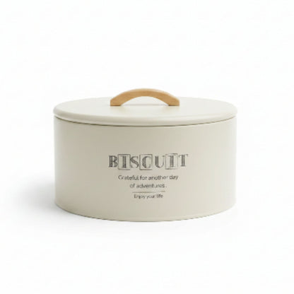 Takmehome Round Metal Biscuit Tin With Wooden Handle - Cream