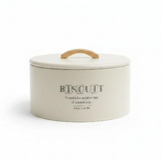 Takmehome Round Metal Biscuit Tin With Wooden Handle - Cream