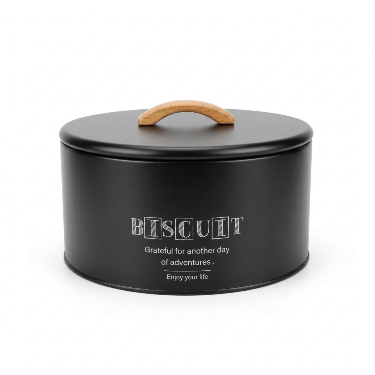 Takmehome Round Metal Biscuit Tin With Wooden Handle - Black On White Background