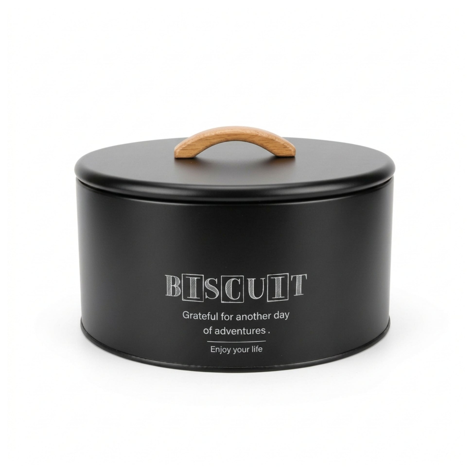Takmehome Round Metal Biscuit Tin With Wooden Handle - Black On White Background