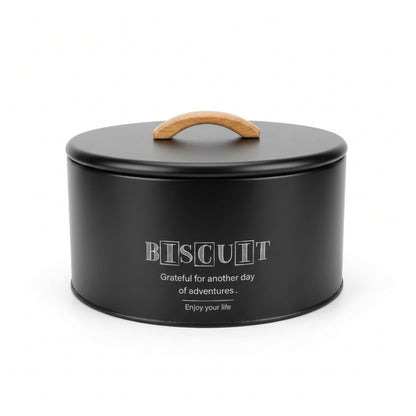 Takmehome Round Metal Biscuit Tin With Wooden Handle - Black On White Background