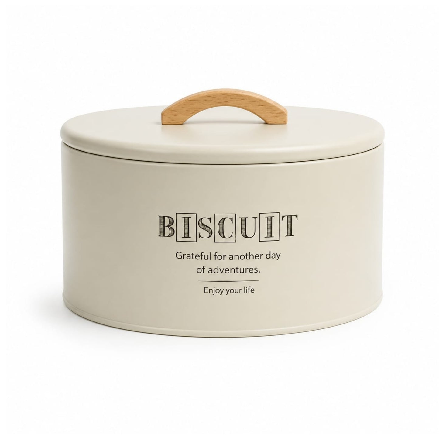 Takmehome Round Metal Biscuit Tin With Wooden Handle - Cream On White Background
