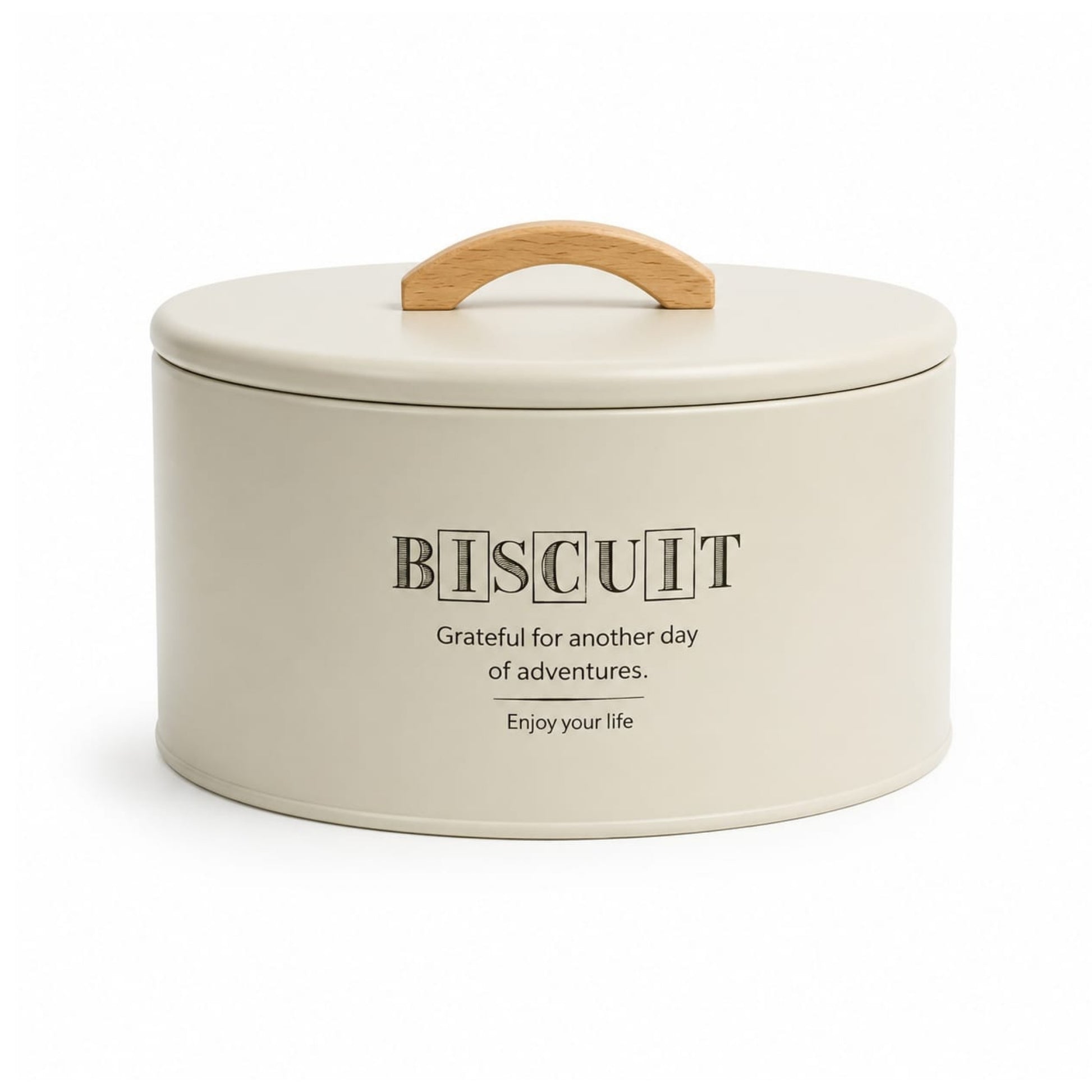 Takmehome Round Metal Biscuit Tin With Wooden Handle - Cream On White Background