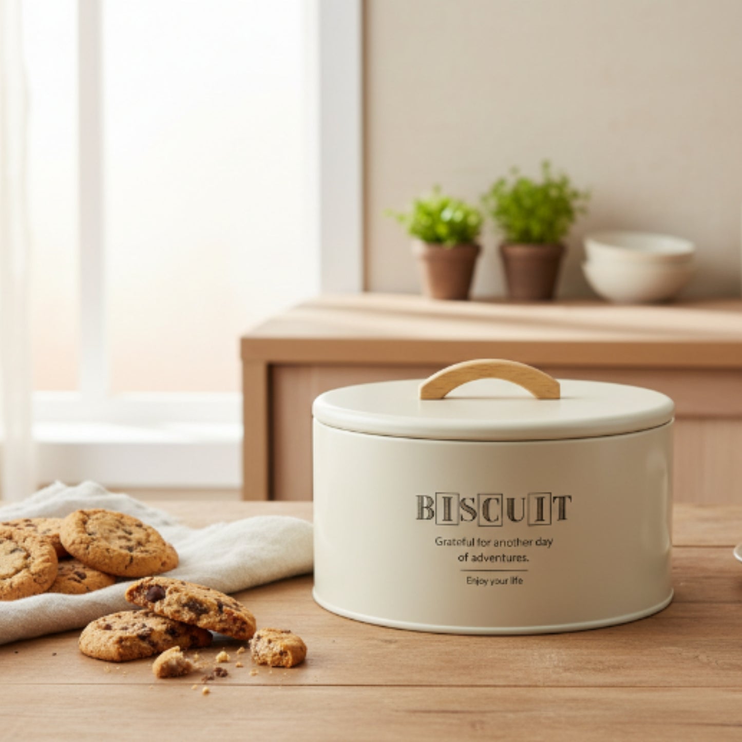 Takmehome Round Metal Biscuit Tin With Wooden Handle - Cream Lifestyle