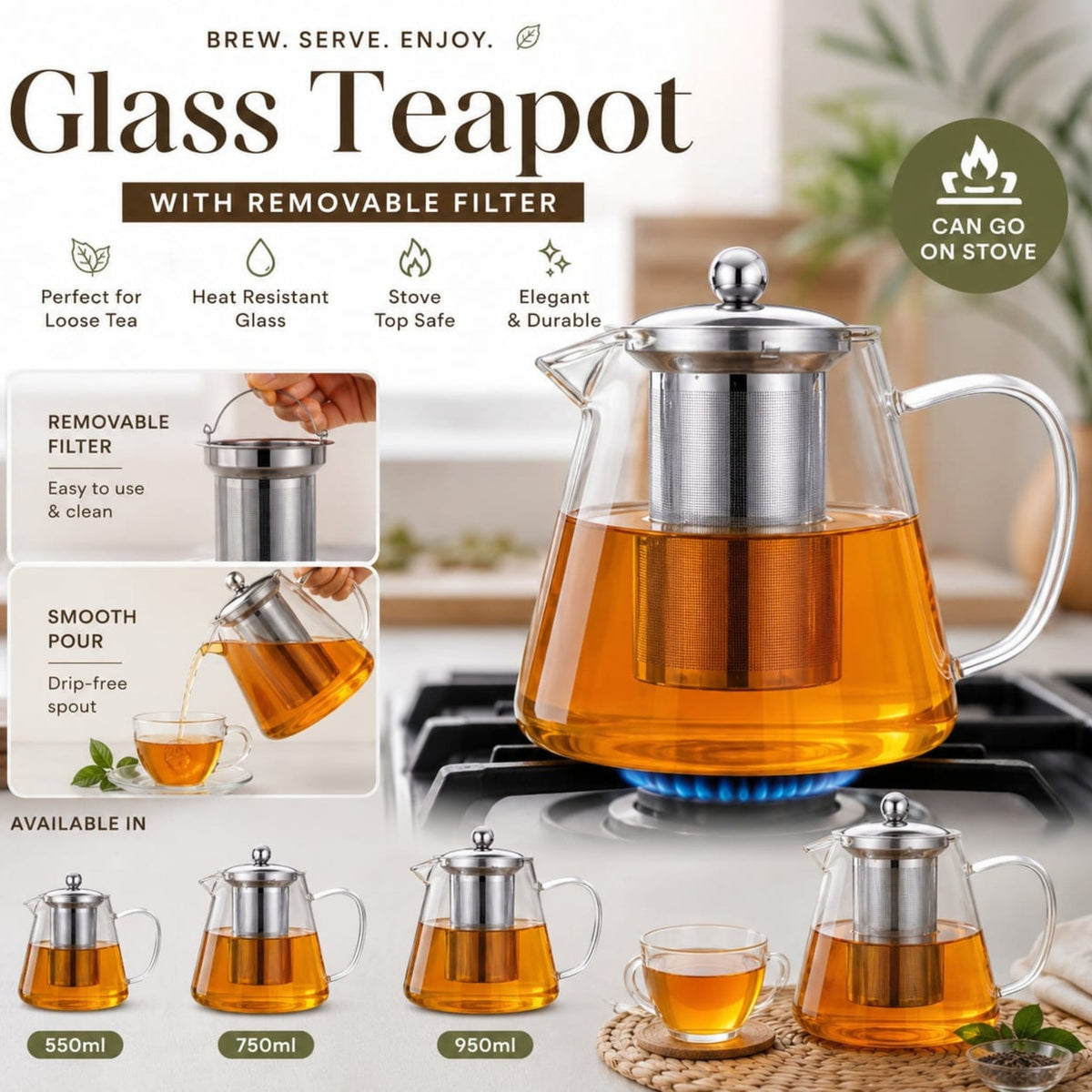 Takmehome Teapot – Removable Filter With Easy-Pour Design – Everyday Tea Brewing Essential
