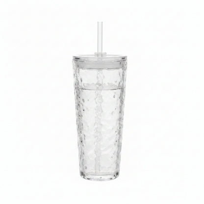 Tall Glass Cup With Lid And Straw 520ml - Hammered