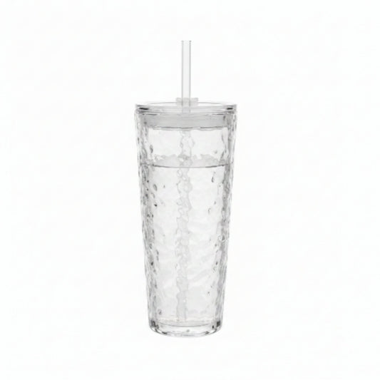Tall Glass Cup With Lid And Straw 520ml - Hammered