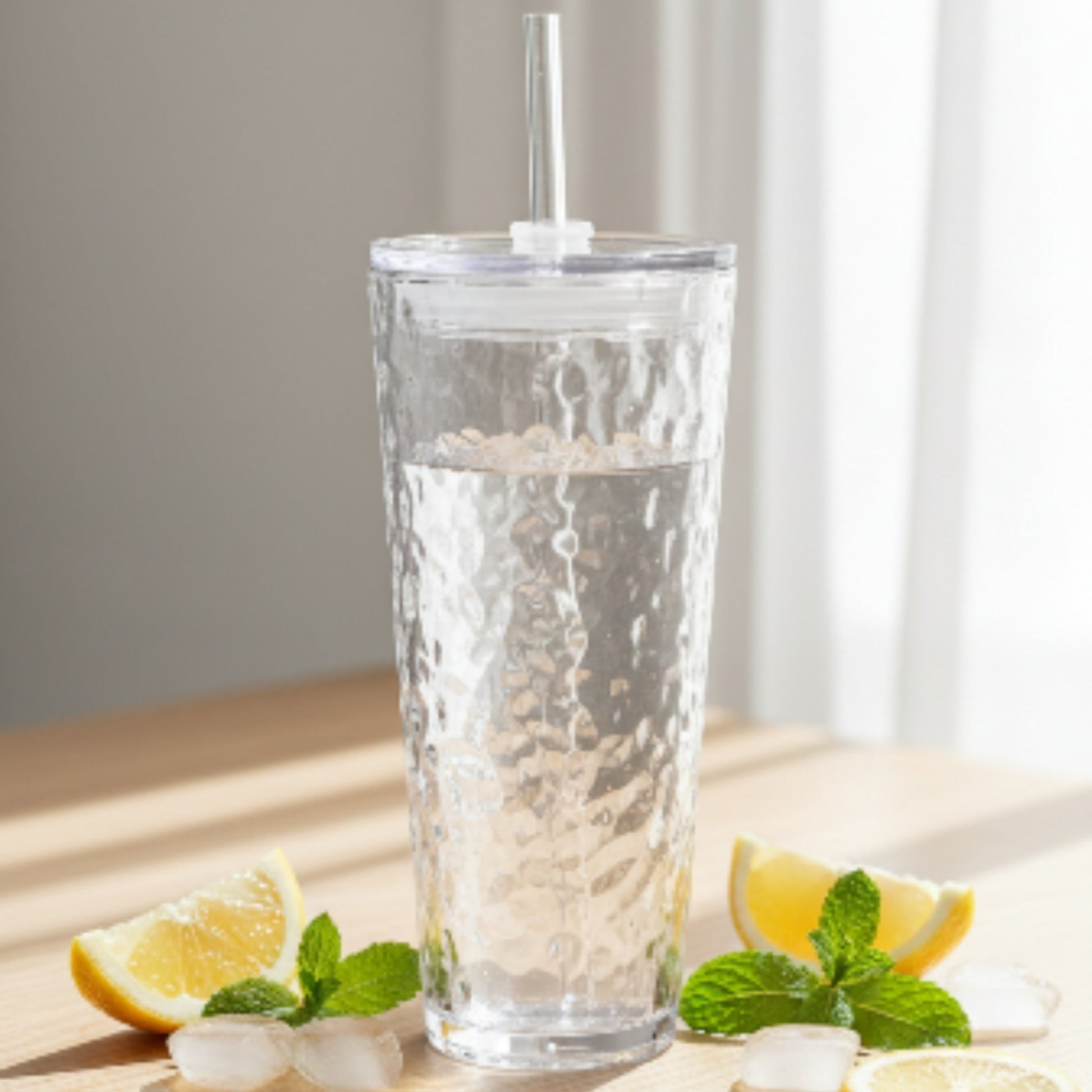 Tall Glass Cup With Lid And Straw 520ml - Hammered