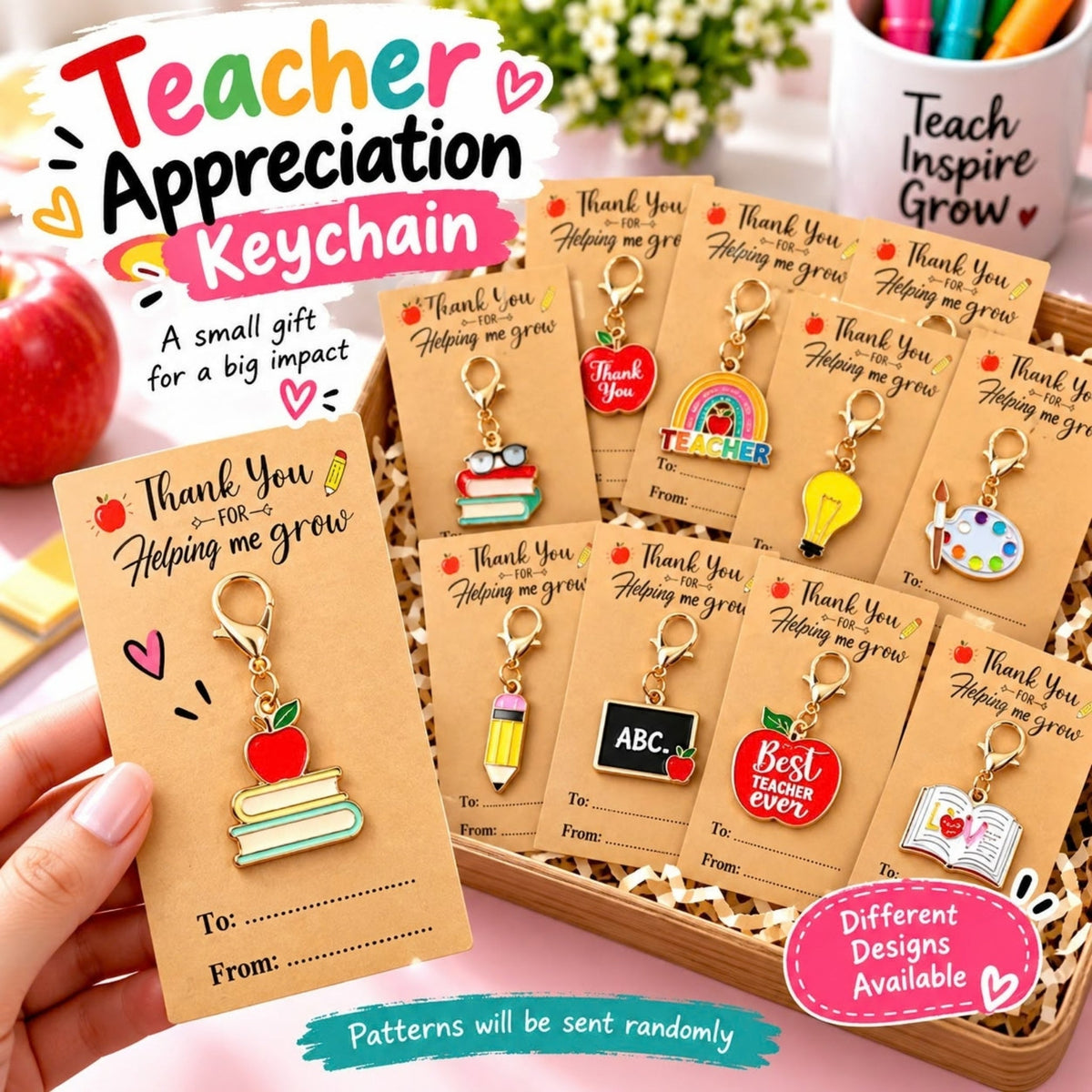 Teacher Appreciation Keychain on Card – Ready-to-Gift Teacher Keepsake – Assorted Designs