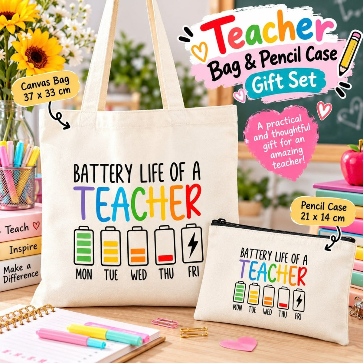Teacher Canvas Bag & Pencil Case Set – Matching Teacher Appreciation Gift Set