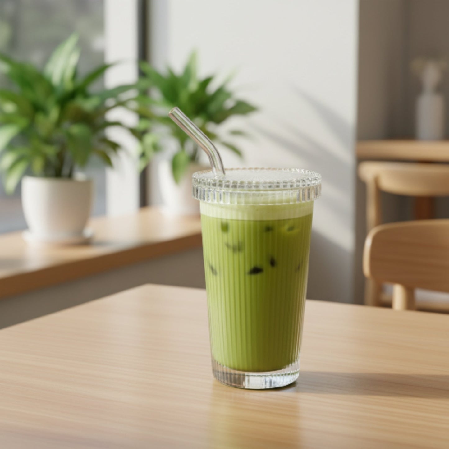 Vertical Ribbed Glass Cup With Lid And Straw 375ml