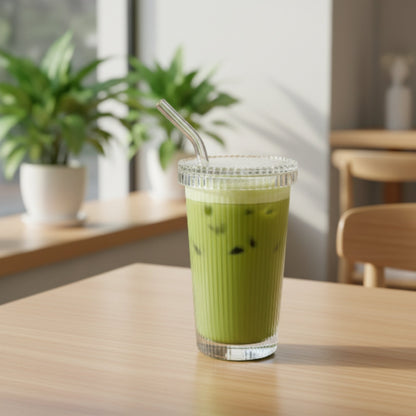 Vertical Ribbed Glass Cup With Lid And Straw 375ml