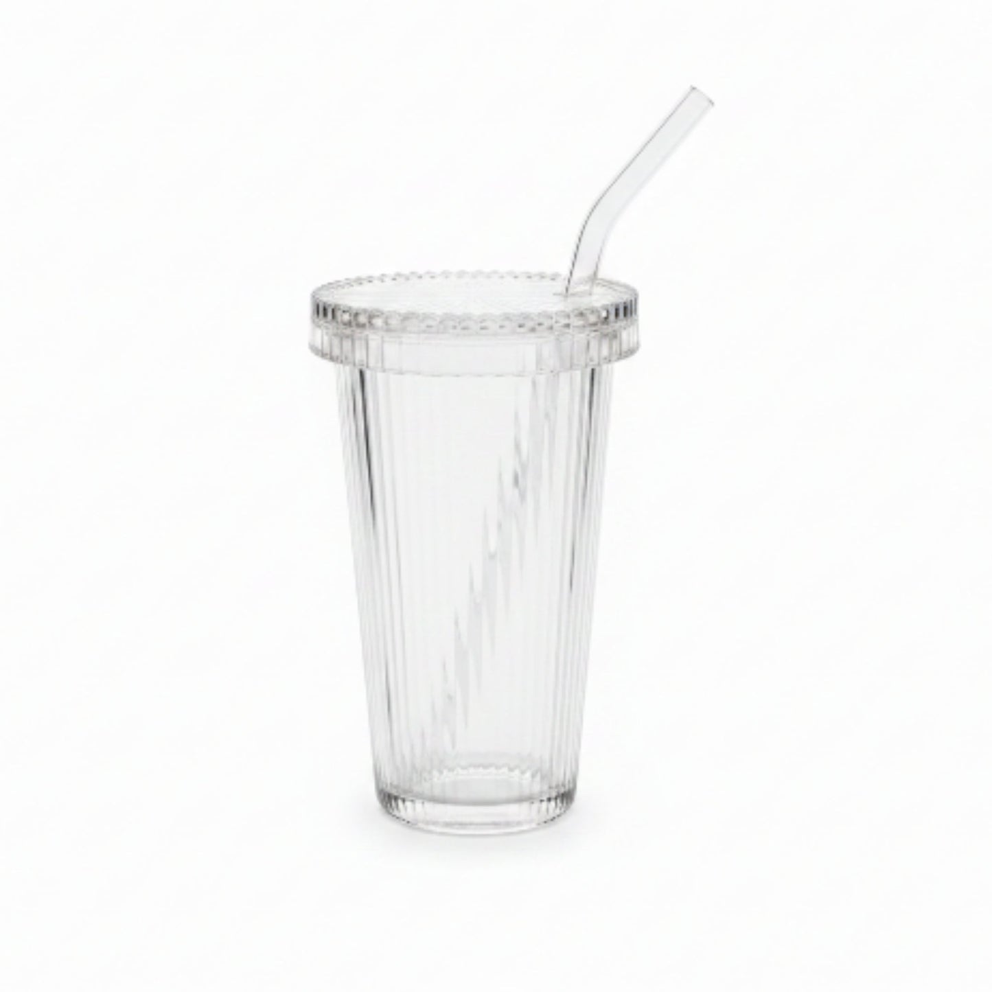 Vertical Ribbed Glass Cup With Lid And Straw 375ml