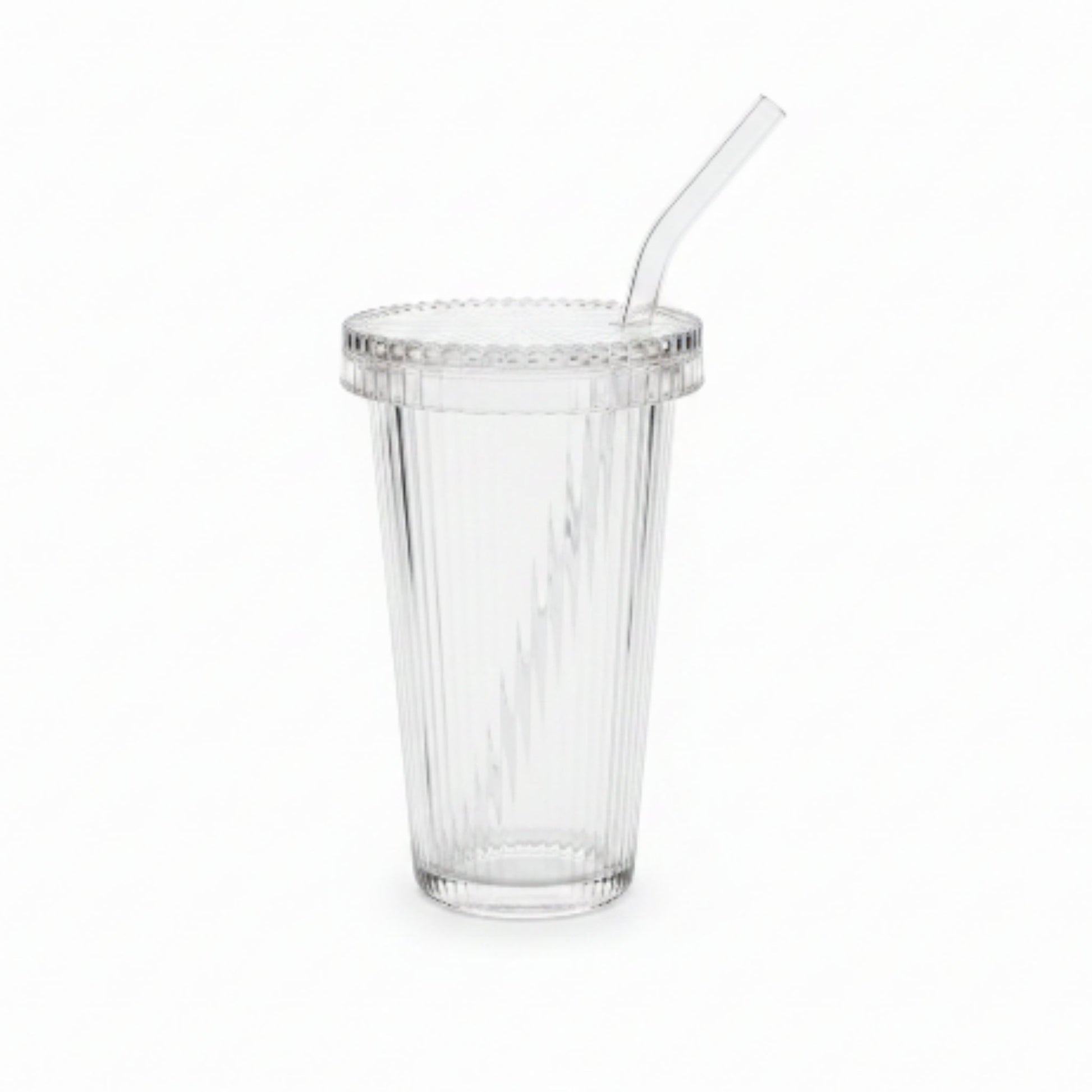 Vertical Ribbed Glass Cup With Lid And Straw 375ml