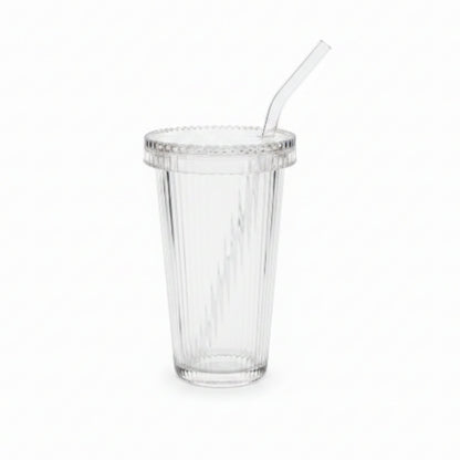 Vertical Ribbed Glass Cup With Lid And Straw 375ml