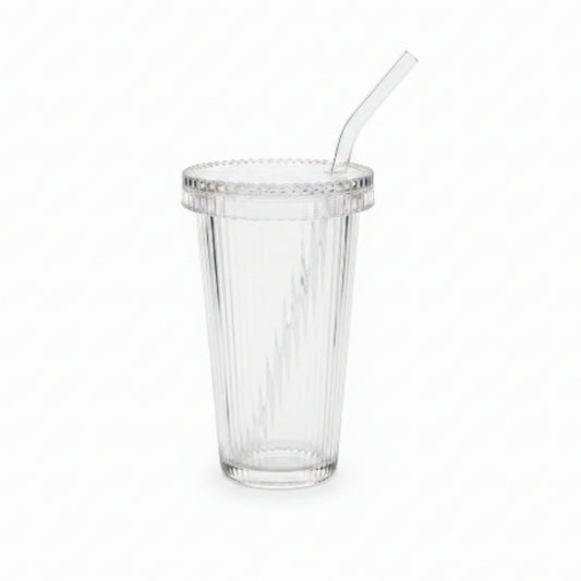 Vertical Ribbed Glass Cup With Lid And Straw 375ml
