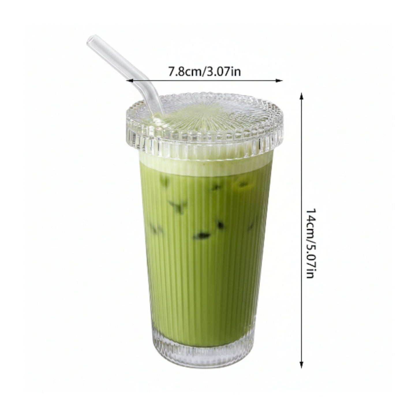 Vertical Ribbed Glass Cup With Lid And Straw 375ml