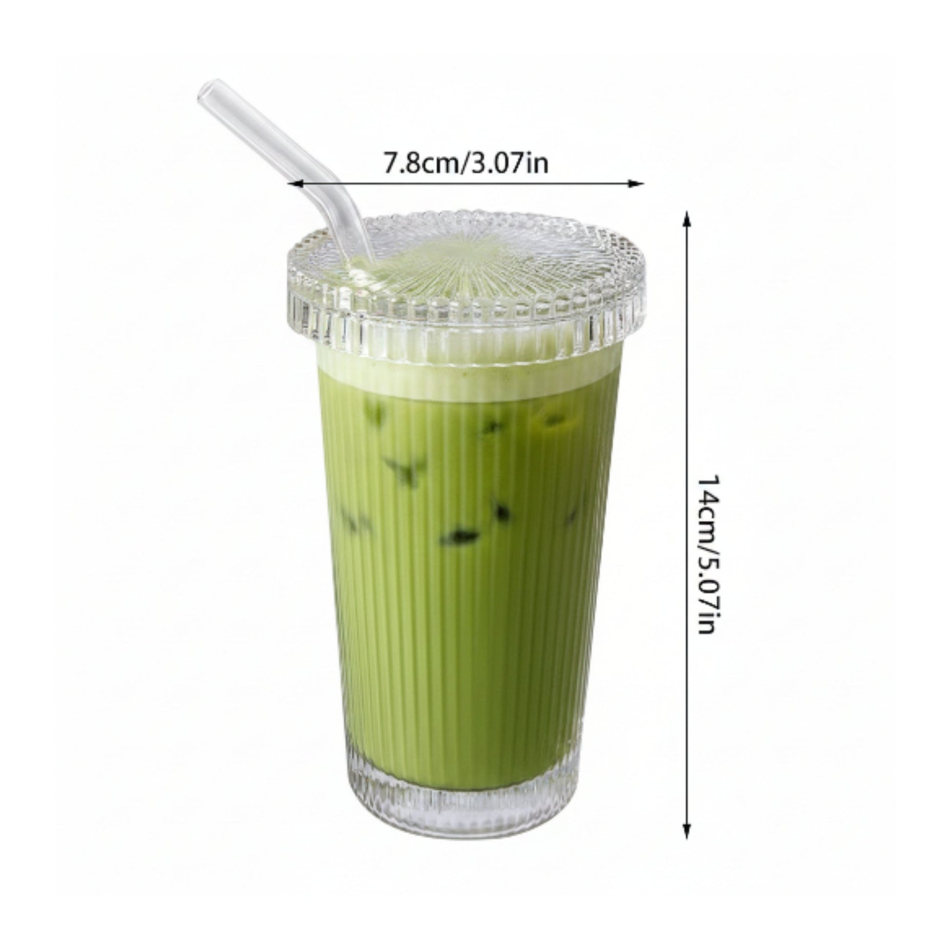 Vertical Ribbed Glass Cup With Lid And Straw 375ml