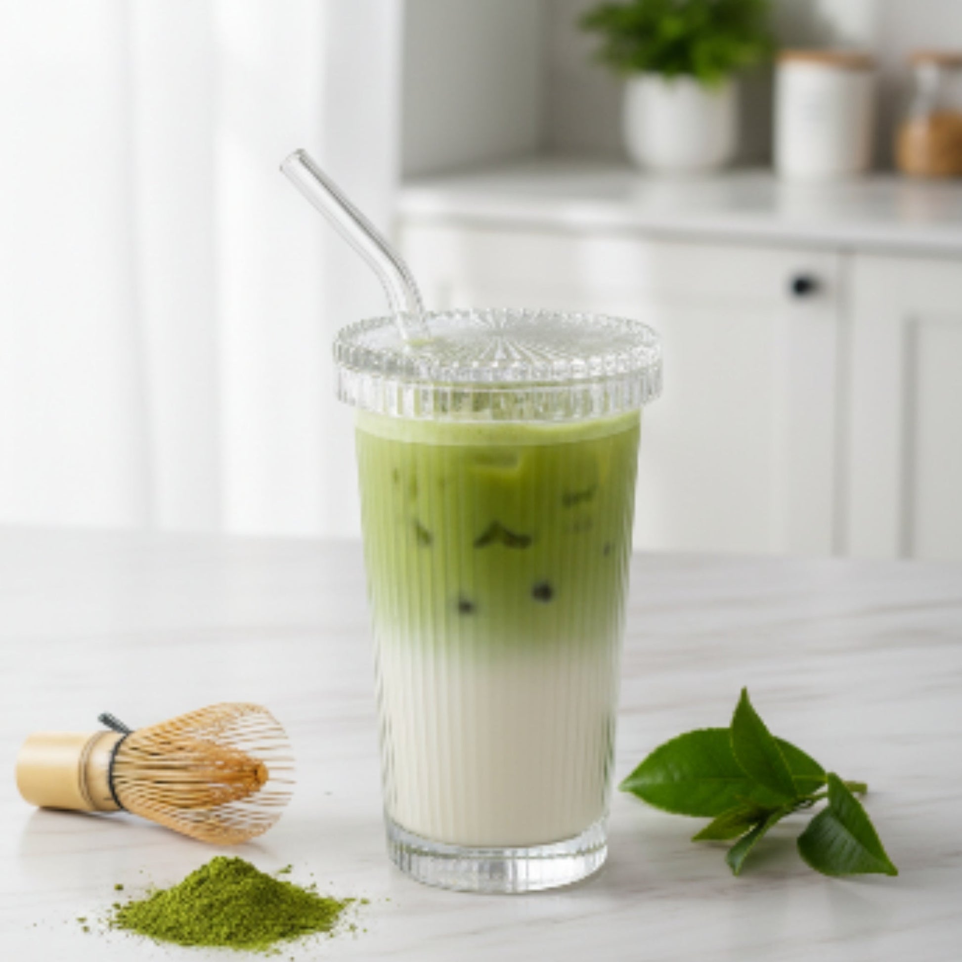 Vertical Ribbed Glass Cup With Lid And Straw 375ml