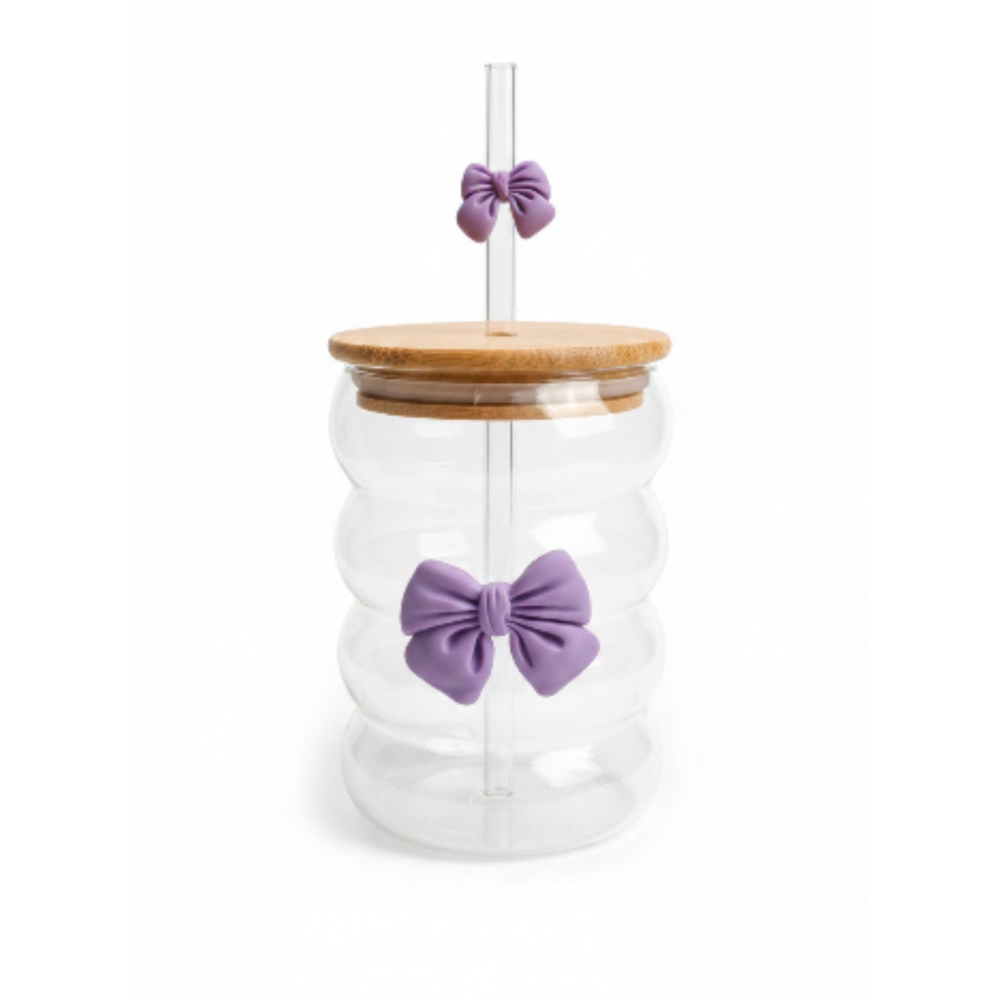 Wavy Bamboo Lid Glass Can With Bow & Straw - Small Purple On White Background