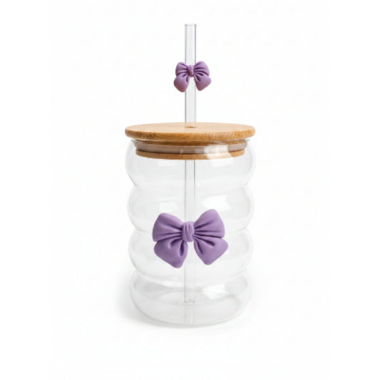 Wavy Bamboo Lid Glass Can With Bow & Straw - Small Purple On White Background