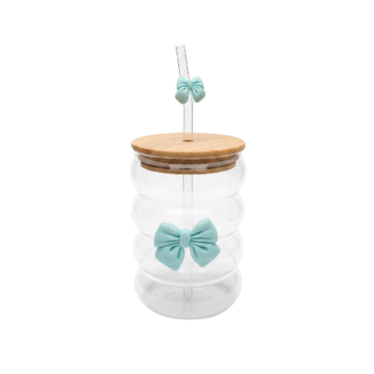 Wavy Bamboo Lid Glass Can With Bow & Straw - Small Blue On White Background