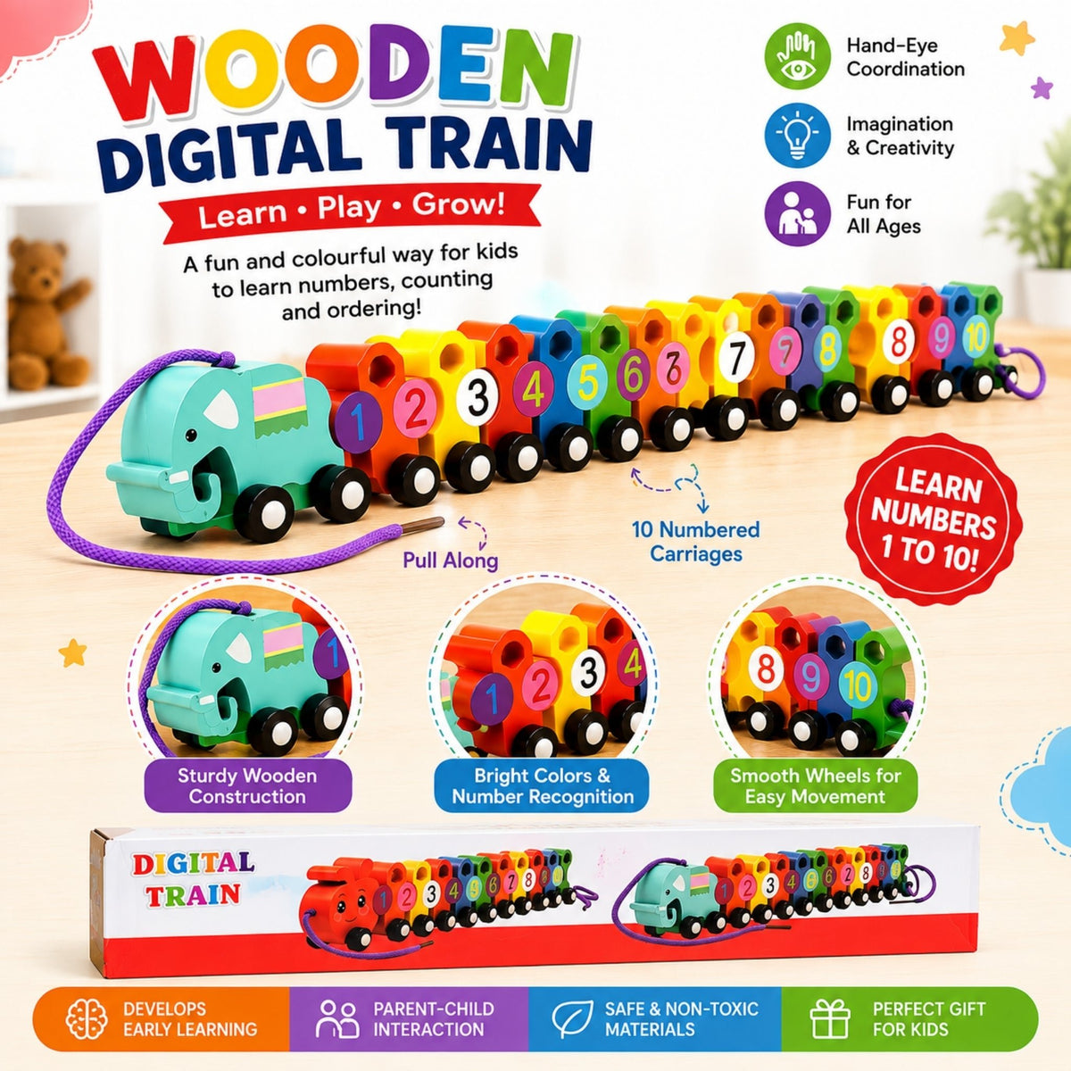 Wooden Digital Train – Educational Number Learning Toy with Colourful Wooden Carriages