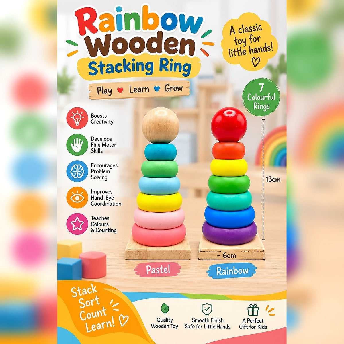 Wooden Rainbow Stacking Ring – Educational Sorting & Building Toy