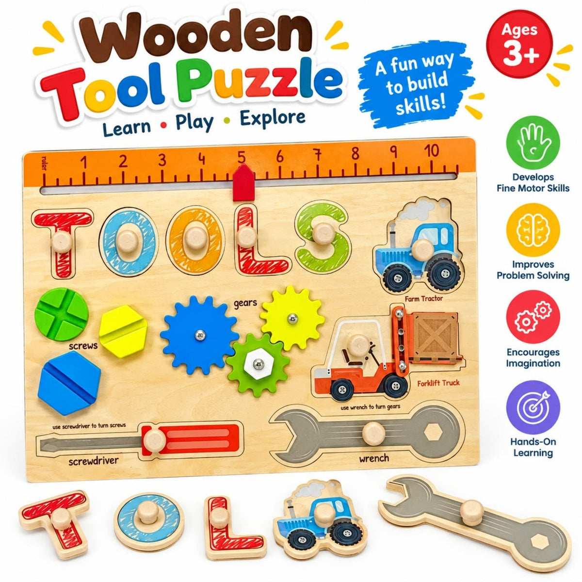 Wooden Tool Puzzle – Educational Shape Matching & Fine Motor Skills Toy